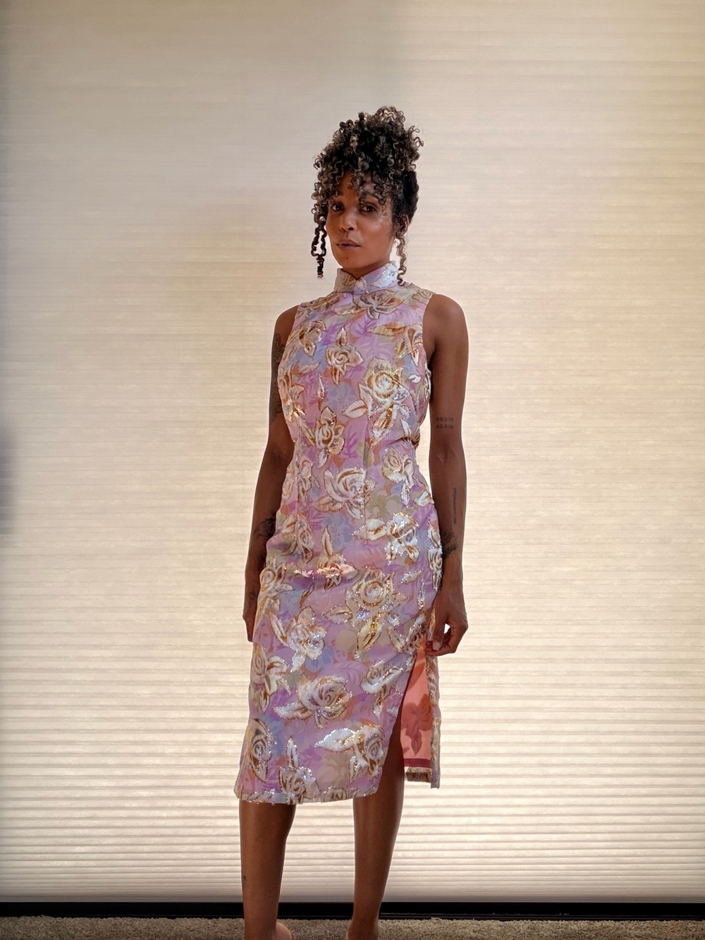 Vintage Pink Floral Burnout Velvet Cheongsam Dress